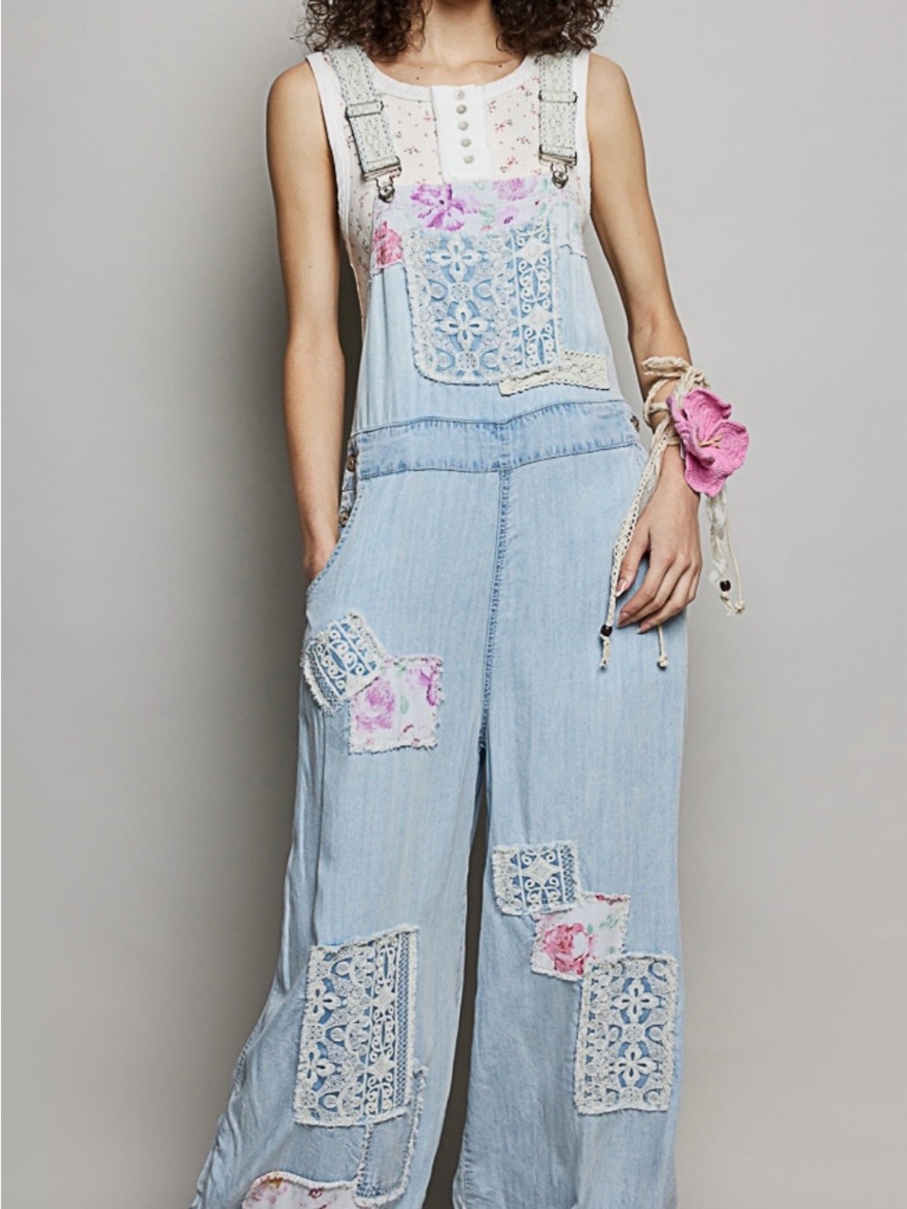 POL Light Blue Denim Patchwork Jumpsuit with Floral Accents - Picture 3 of 8